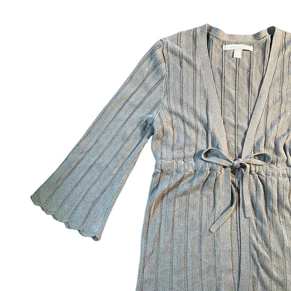 Vintage Gray Ribbed Knit Tie Waist Scalloped Hem Cardigan Sweater Small Y2K 90s - Picture 5 of 16